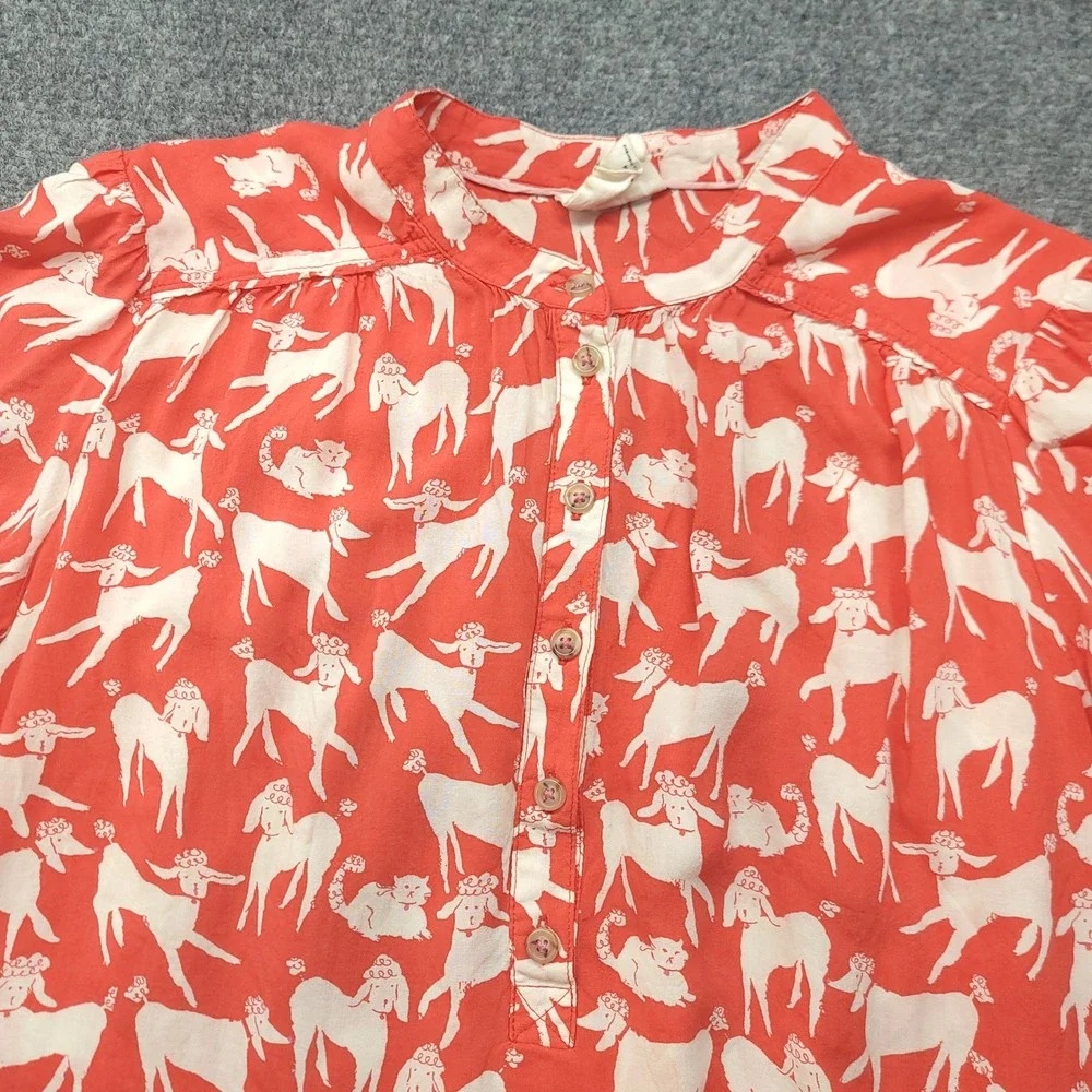 Anthropologie Emily Isabella Poodle Print Blouse Red White Short Sleeve M